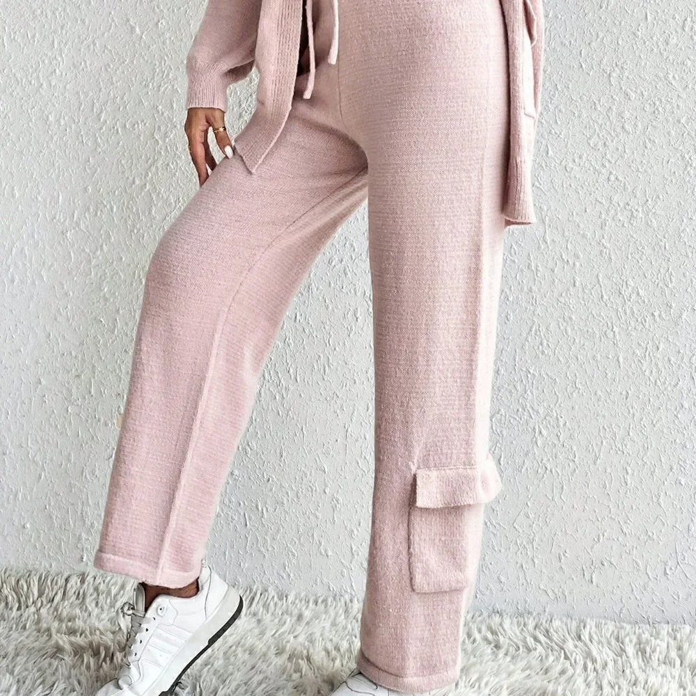 Pink Casual Womens Drop Shoulder Cardigan & Tie Front Knit Pants
